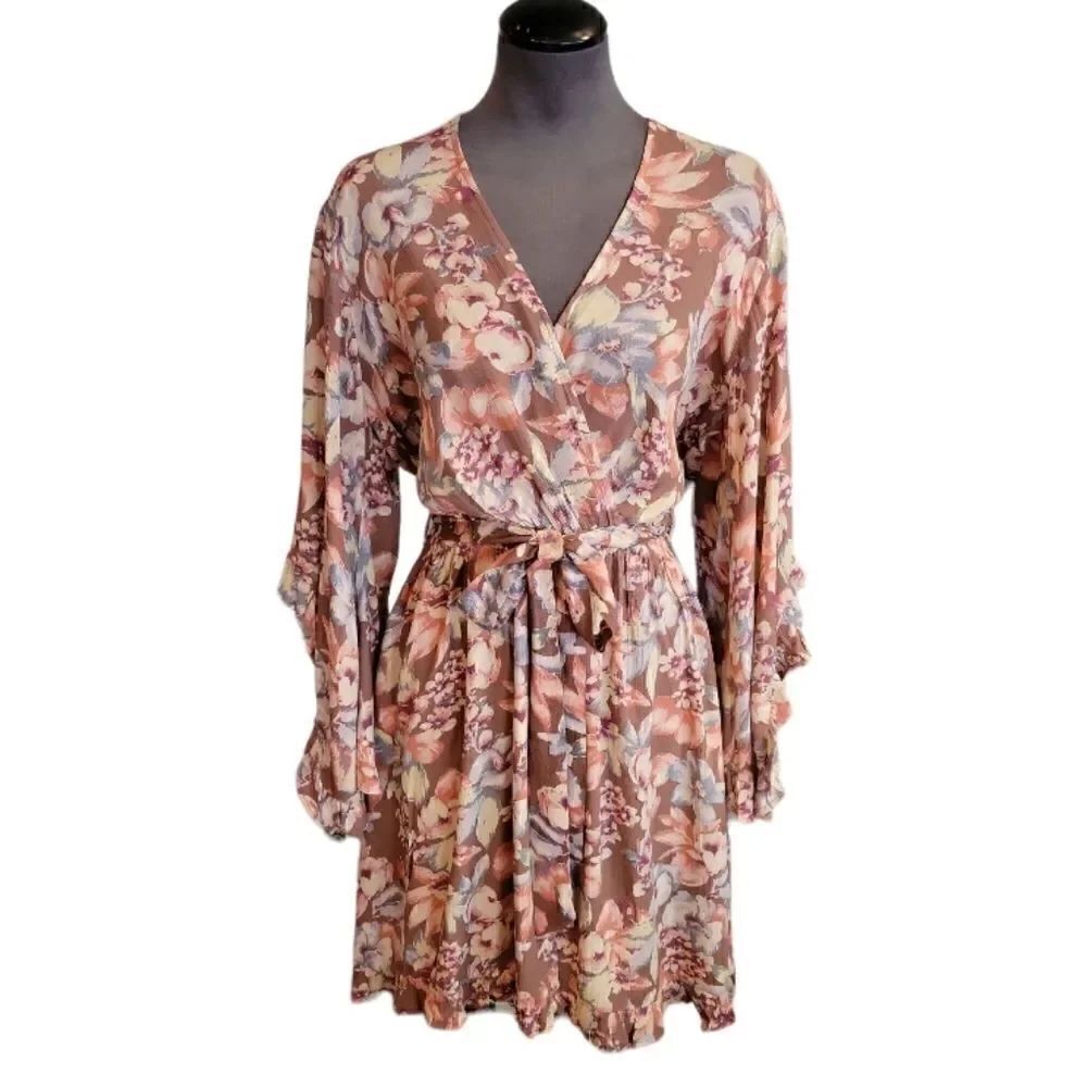 NWT U.O. DRESS FORUM L.A. BOHO FLORAL KIMONO SLEEVE FAUX WRAP DRESS SZ. S